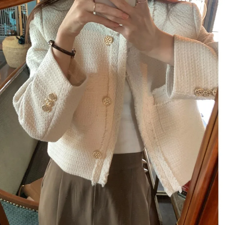 Korean Style Ins Tassel Short Coat Women's round Neck Golden Button Thick Tweed Gentle Personality Open Cardigan Top