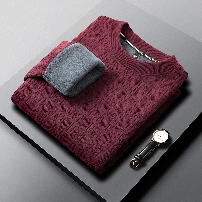Herren-Pullover mit Rundhalsausschnitt, aus dickem Strick, mit Fleece-Futter, Jacquardmuster, lange Ärmel, weicher, warmer Stoff, für den Innen- und Außenbereich, Winter, Freizeitkleidung. – Detail 9