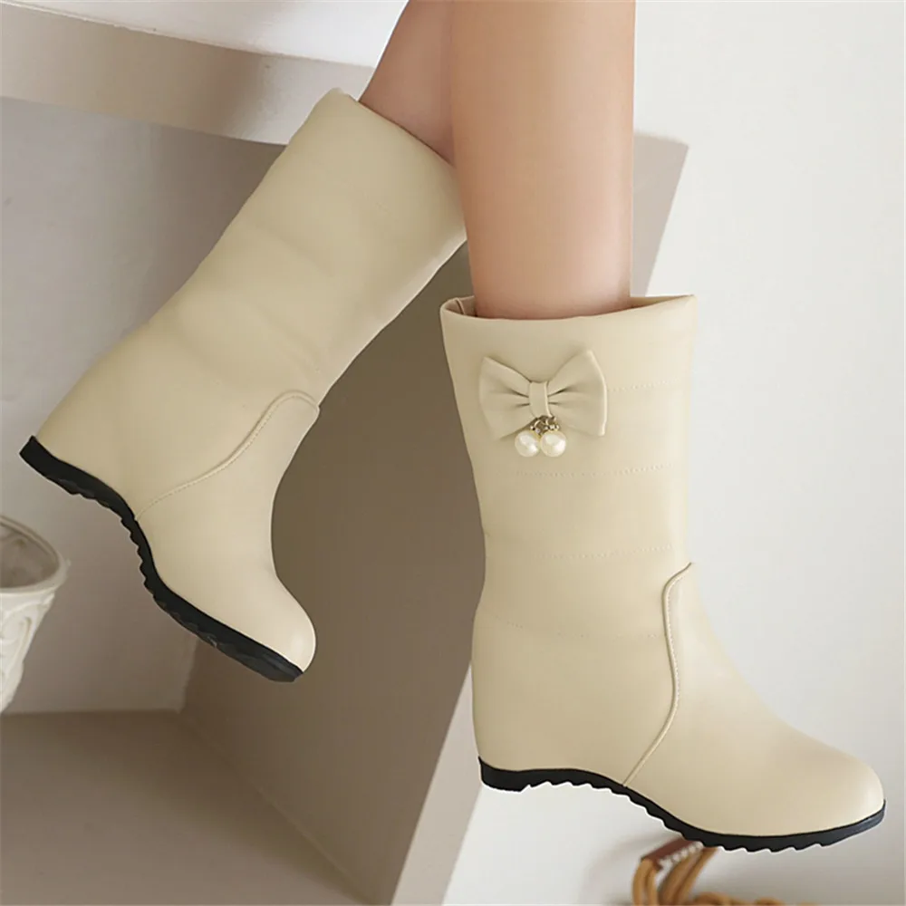 Women Boots Winter Plush Warm Height Lncreasing Mid-Calf Snow Boots Round Toe Bow Pearl 2022 New Fashion Pink White Beige 33-43