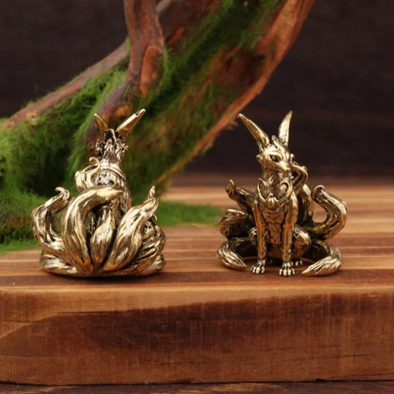 Home Office Decor, Brass Nine Tailed Fox Copper Statue Feng Shui Lucky Mini Desktop Figurine Animal Figurine Mini
