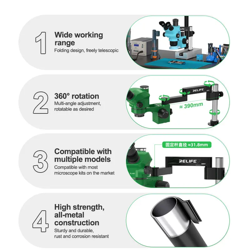 RELIFE MS1 360° Rotating Folding Stand Swing Arm Wall-mountable Upright Compatible for Various Models of Microscopes Repair tool