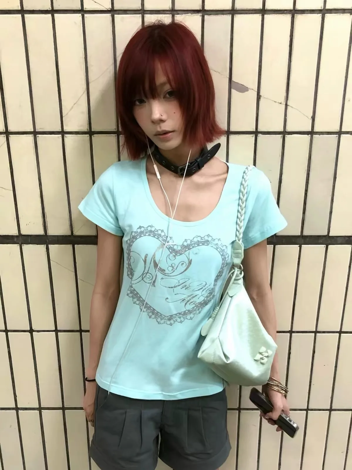 American Style Lace Heart Print Short Sleeve T-Shirt Women Summer Dopamine Spicy Large Collar Slim Fit Short Length Top