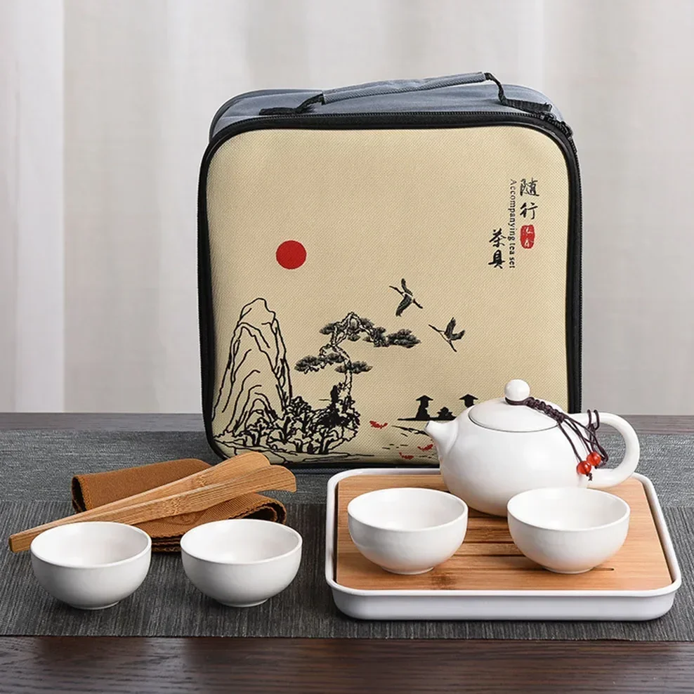 8 / 9 Piece-Set Portable Travel Tea Set 1 Teapot 4 Cups Gift Ding Kiln Shih Tzu Teapot Ceramic Teaware Kung Fu Tea Set