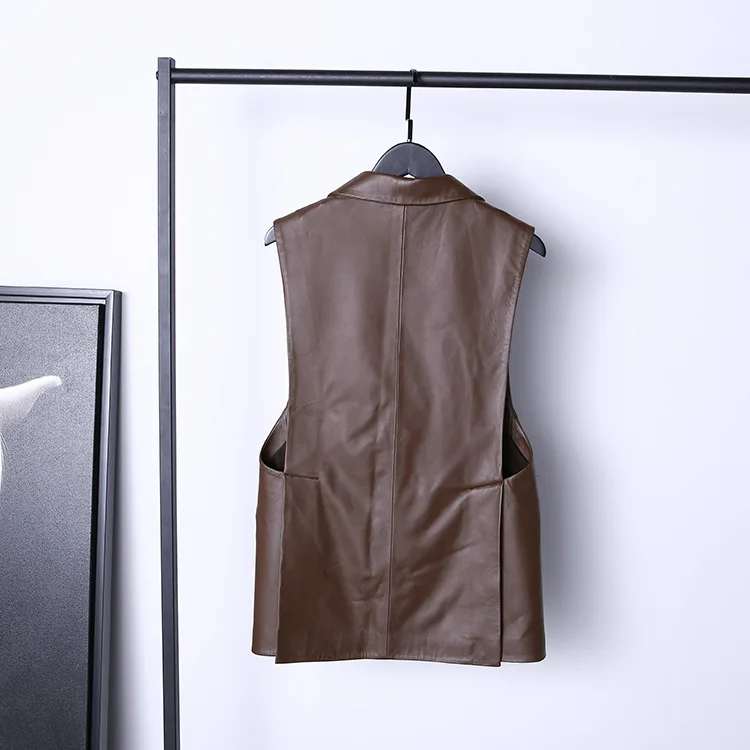 2023 New Women Casual Suit Collar Sleeveless One Button Real Sheep Leather Vest E20