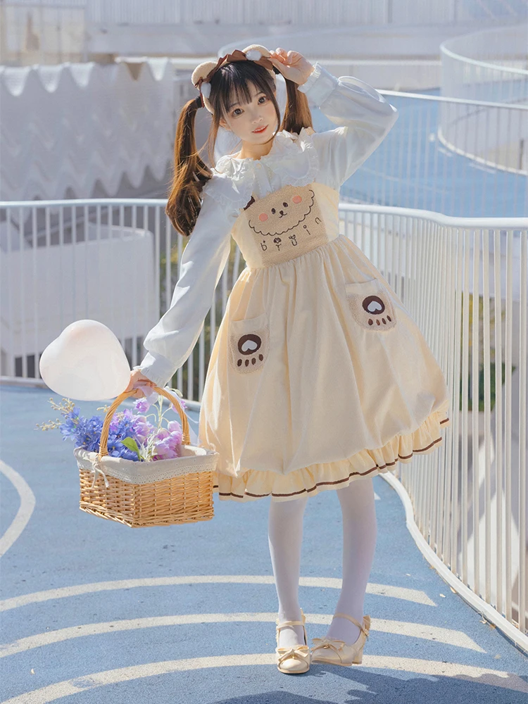 

Lolita Kawaii Jsk Little Bear Fashion Daily Cute Kc Corduroy Flower Bud Tea Party Mori Girl Female Lolitas Outfit