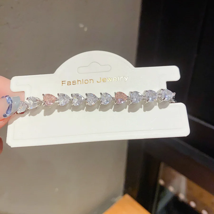 

High Quality Heart Shape Sparkling Pink/Clear Zircon Tennis Bracelets Women Luxury Wedding Party Bridal Jewelry Accessories 1709