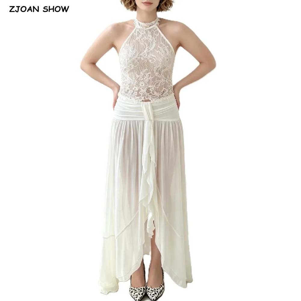 Conjunto de 2 piezas: Top halter de encaje blanco semitransparente para vacaciones + Falda larga asimétrica con volantes en cascada y cintura fruncida con cremallera.