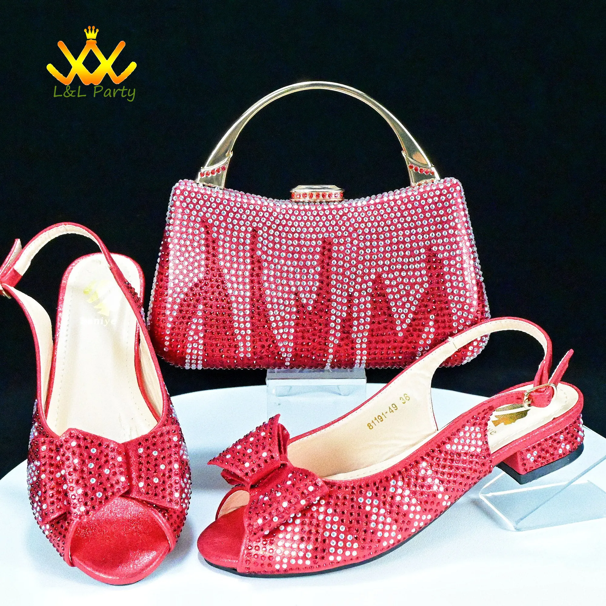 

2024 Low Heels High Quality Specials Italian Women Shoes and Bag to Match in Red Color Comfortable Sandal for Garden Party