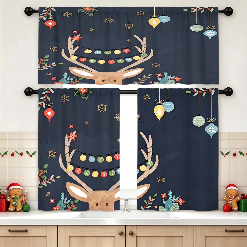 Christmas Winter Kitchen Curtains, Reindeer Antler Snowflake Bauble, Digital Print, Kitchen Dining Room, Rod Pocket Polyester