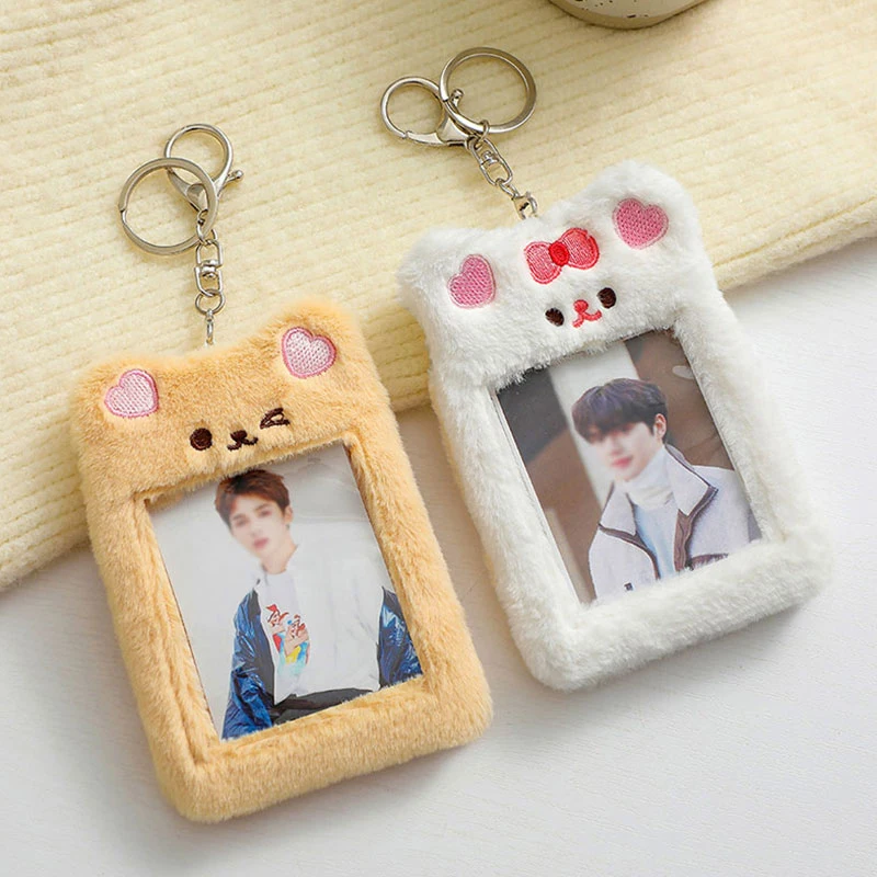Cute Plush Photocard Holder Cute Cartoon Bear Rabbit Tiger Idol Photo Sleeve With Keychain Postcard Protector ID Credit Case