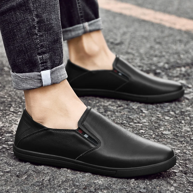 Spring Men's White Flat Loafers Casual Shoes Fashionable Outdoor Hiking Shoes Comfortable and Breathable Genuine Leather Shoes image 5