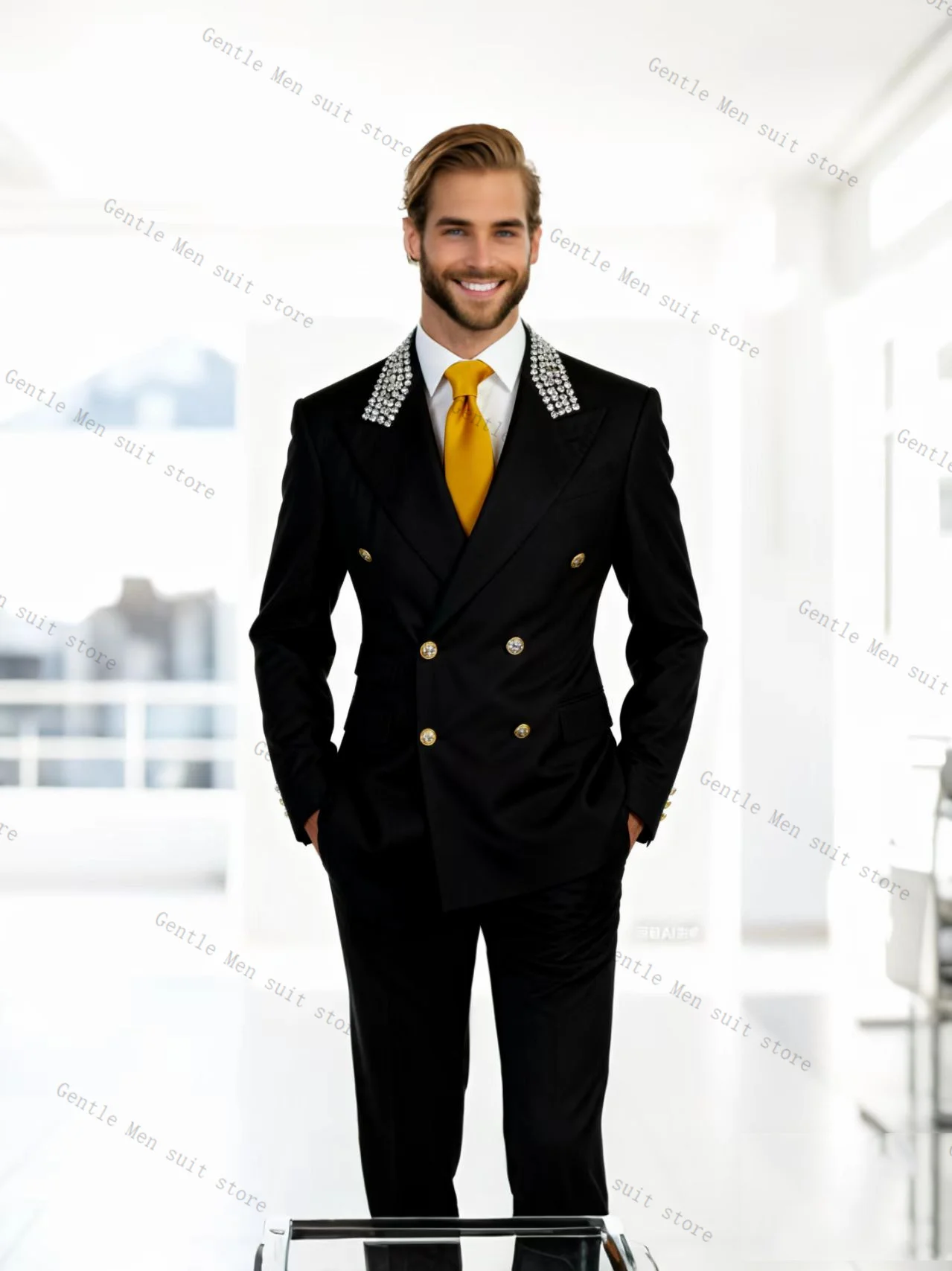 Black Crystals Men Suit Set 2 Piece Blazer+Cotton Pants Trousers Luxury Wedding Tuxedos Formal Office Jacket Coat Customized