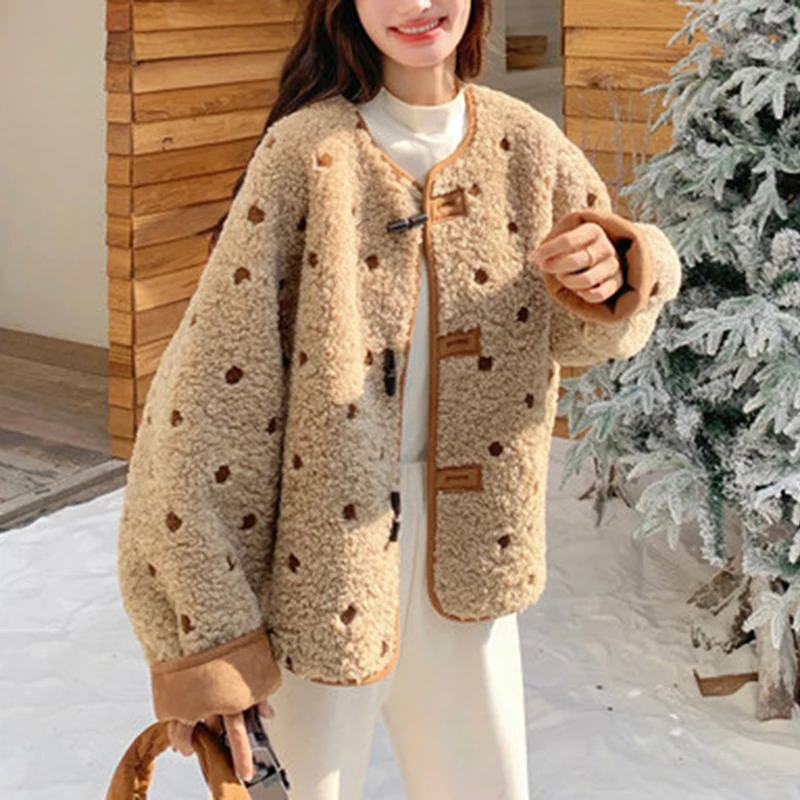 Vintage Faux Shearling Reversible Jacket Women Sweet Dot Casual Toggle Buttons Coat Winter Bonded Faux Suede Warm Outwear Tops