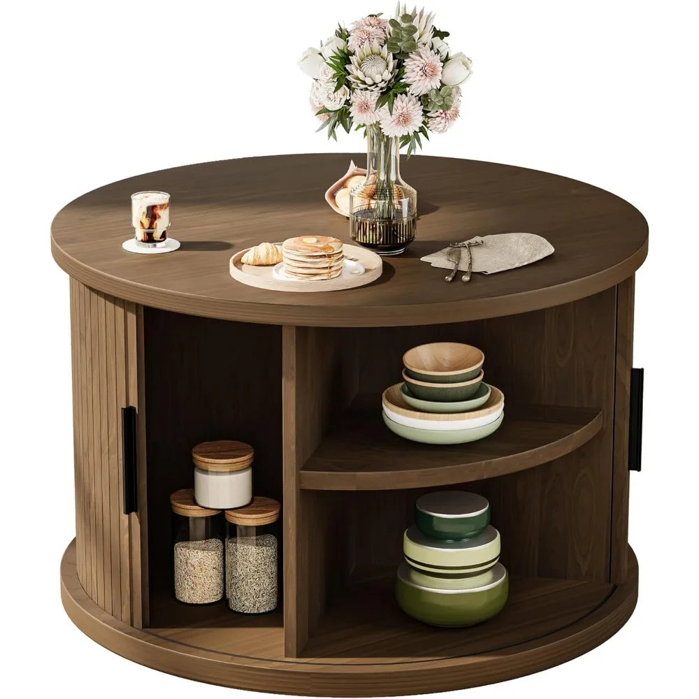 

Round Coffee Table, 31.5 Fluted Coffee Table with Storage, Fluted Accent Center Table with Sliding Door, Mid Century Modern Coff