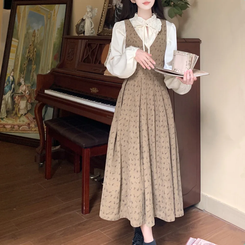 Velluto a coste floreale retrò dolce marrone Dr Autunno Inverno plus Size Gilet interno per studenti irt Set a due pezzi Gonna a trapezio a vita alta