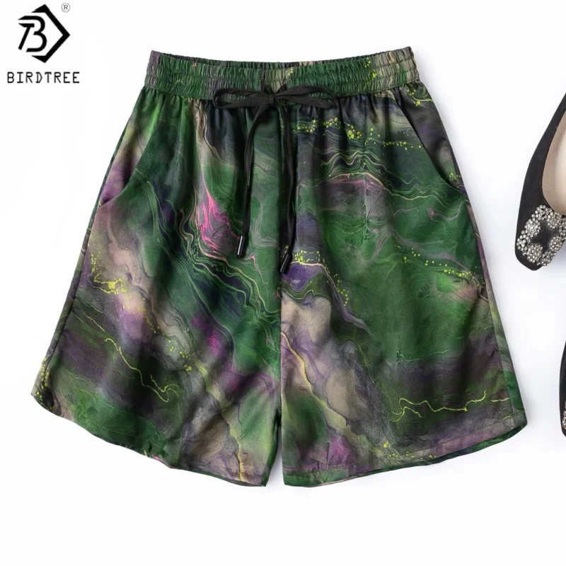 Birdtree, 100% Silk Jacquard Satin Shorts, Women Floral Luo Xiangyunsha Gradient Pants, Elastic Waist, 2026 Summer New P66320JF