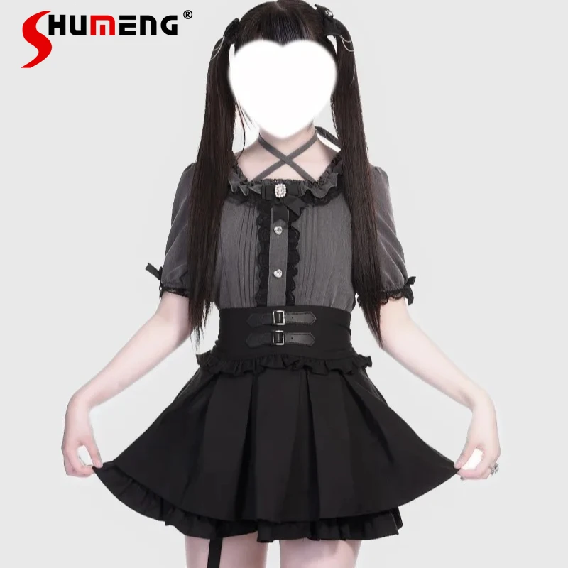 

Sweet Waist-Cinching Leather Buckle Leg Ring Double-Layer Skirt Japanese Subculture Lolita High-Waisted Slim-Fit Skirts Ladies