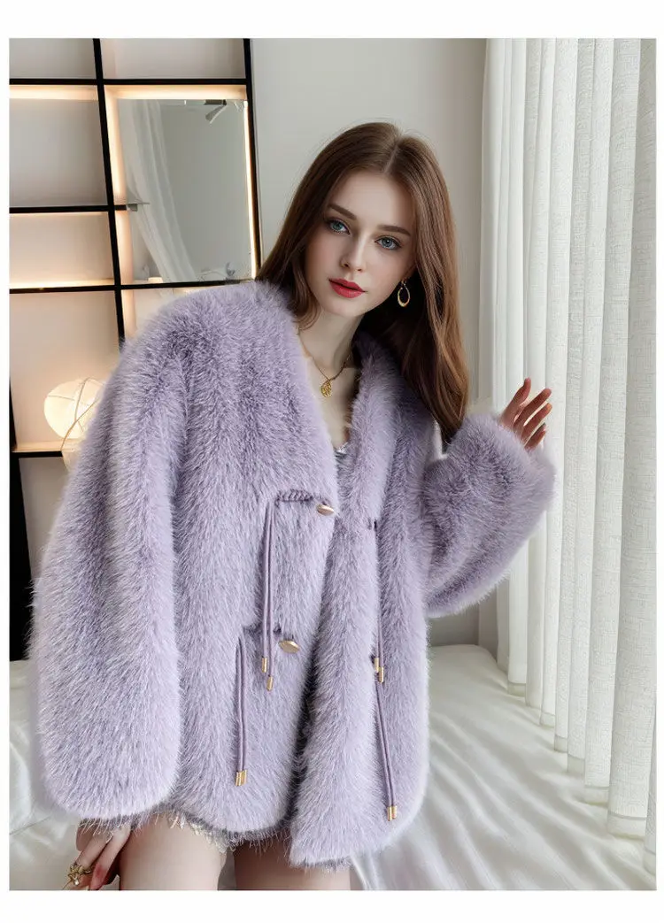 Autumn and winter new faux fur fox fur jacket with Chinese style design, solid color medium length women's fashionable top