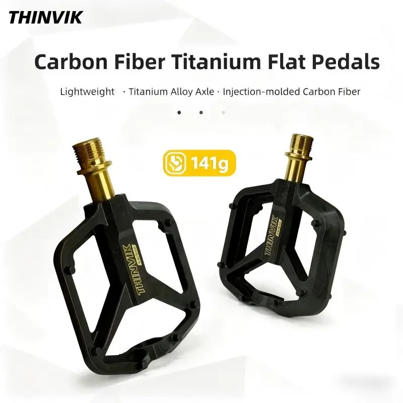 

Ультралегкие велосипедные педали THINVIK из углеродного волокна, 141 г, с титановой осью и 3 подшипниками, нескользящая плоская платформа для горных и шоссейных велосипедов
