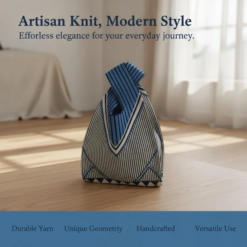 〔CC〕Women Geometric Striped Knit Handbag Mini Breathable Wrist Bag Reusable Durable Tote for Grocery Shopping Travel〔88〕
