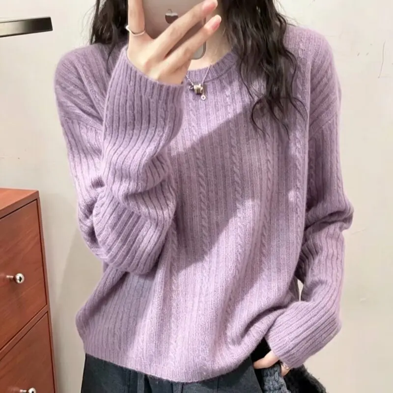Larongshan cashmere sweater round neck off shoulder twist napping sweater women's sweater loose long sleeves