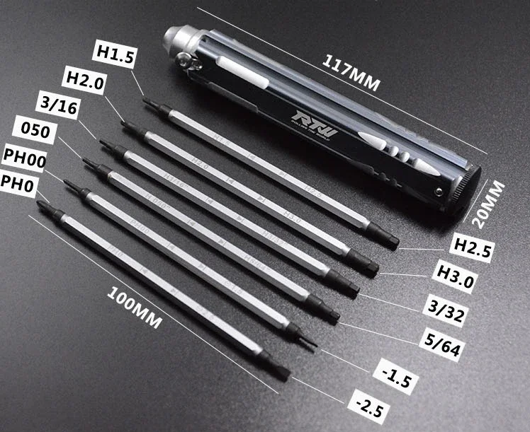 RTW 12 in 1 Hex Phillips Screwdriver Repairing Tool 1.5/H2.0/H2.5/H3.0mm/PH1 holder head High speed steels for Align ALZ T-rex