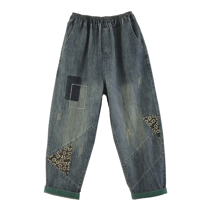

[Готовый запас] Высококачественные женские джинсовые брюки, повседневные хлопковые брюки, литературные женские свободные джинсовые брюки большого размера с вышивкой