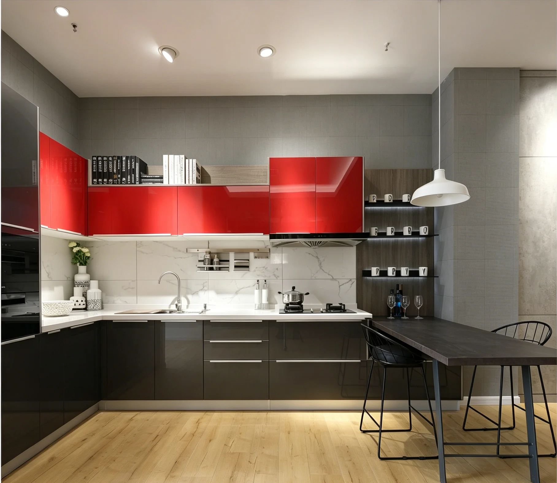#Modern Two-Tone Gloss Lacquer Kitchen Cabinet Set, Red & Grey Combination