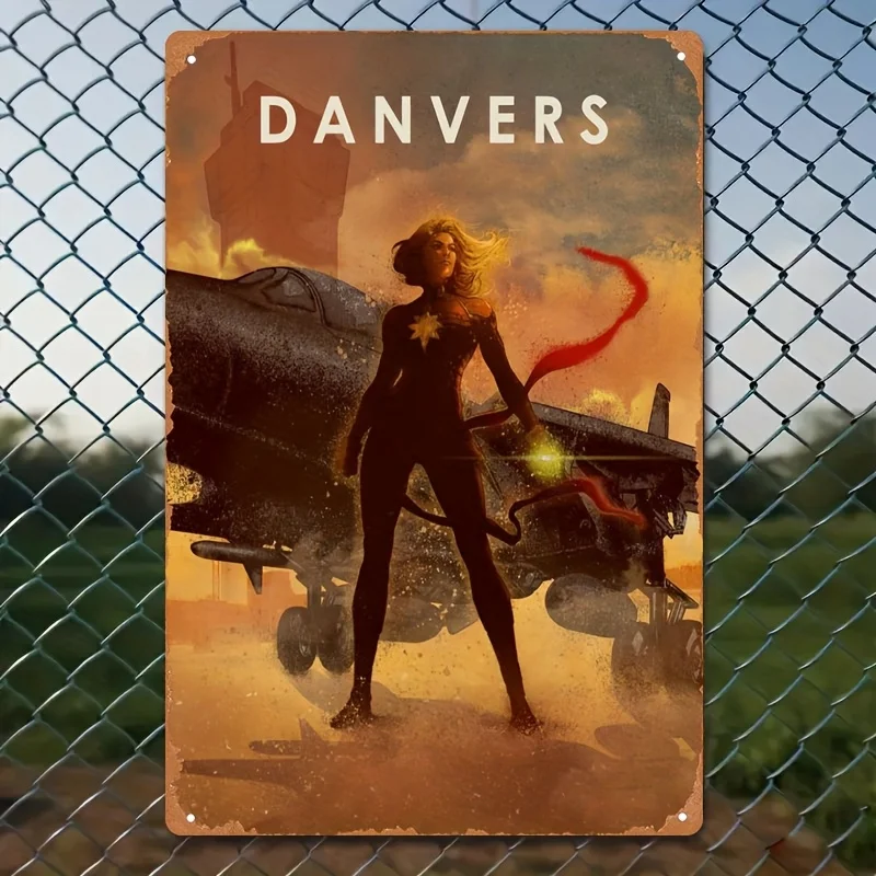 Retro Metal Tinplate Wall Art - Danvers Superheroine with Glowing Sword & Red Roses Design, Vintage Iron Painting for Home, Bar