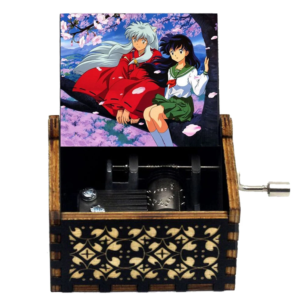 ##Inuyasha Wooden Hand Crank Music Box Engraved Vintage Music Box for Fans Collection Birthday Gift Home Decor
