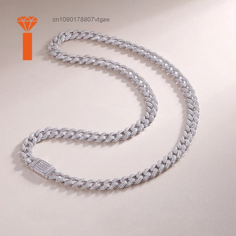 Width 10mm 925 Sterling Silver Moissanite Cuban Chain Necklace Rhodium Plated Pave Setting Hip Hop Style Party Cuban Necklace.