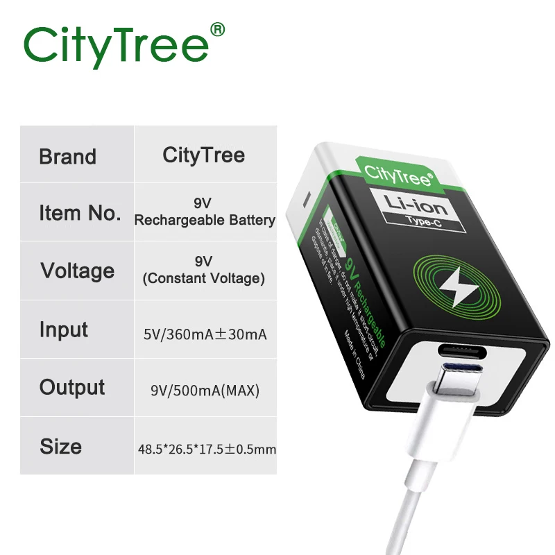 CityTree 9V USB Li-ion Battery 9V Rechargeable Battery 6F22 for Multimeter Microphone Toy Remote Control 9v батарейка