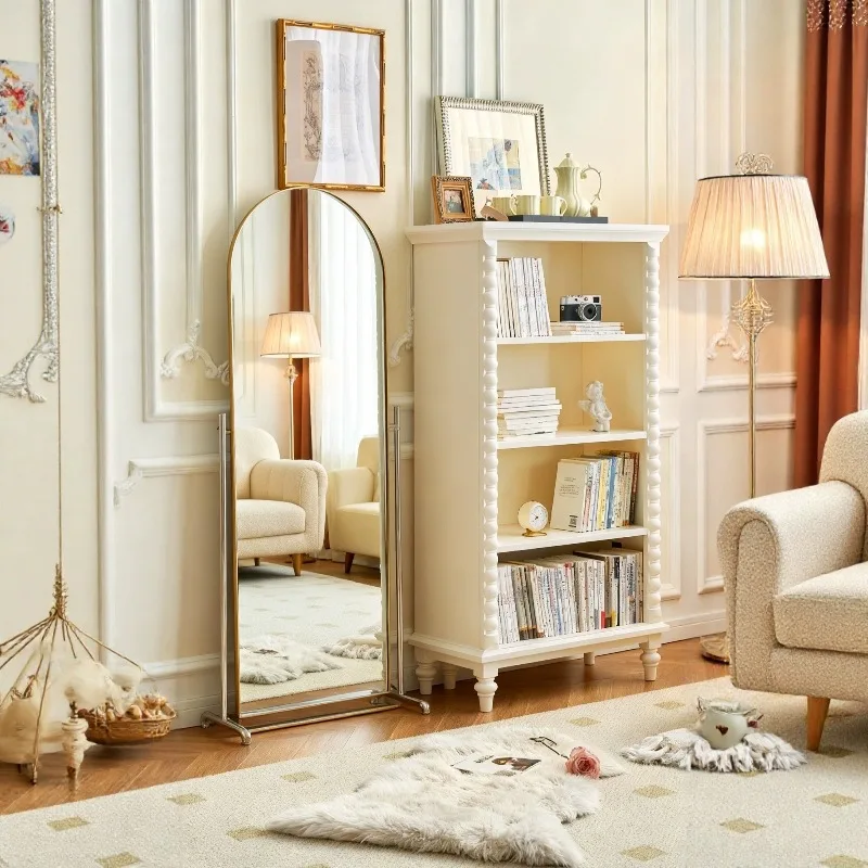 

White French cream wind solid wood bookshelf floor-to-ceiling storage all walnut wood living room open wall combination cabinet