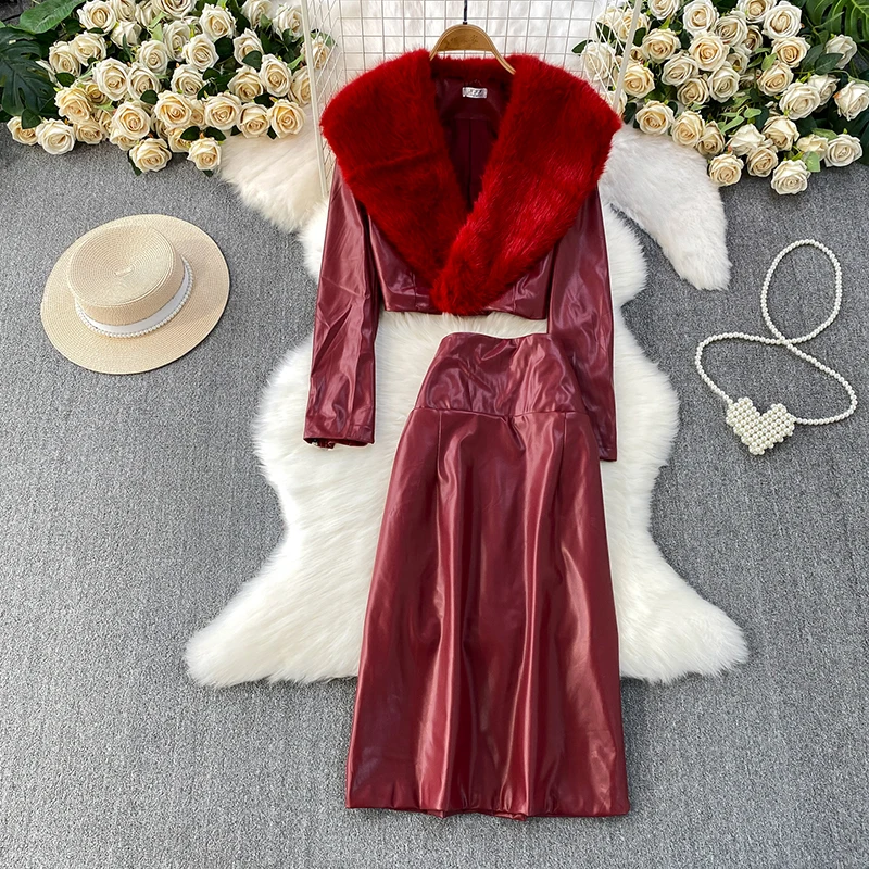 High-end heavy industry fox fur lapel collar short jacket+slim fit PU leather long skirt unique personality two piece set