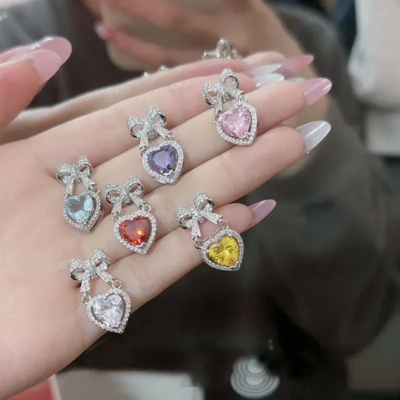 

MDL Moissanite Style Sparkling Color Gems Rainbow Color Heart Drop Earrings 18K Gold Plated Heart Ribbon Zirconia