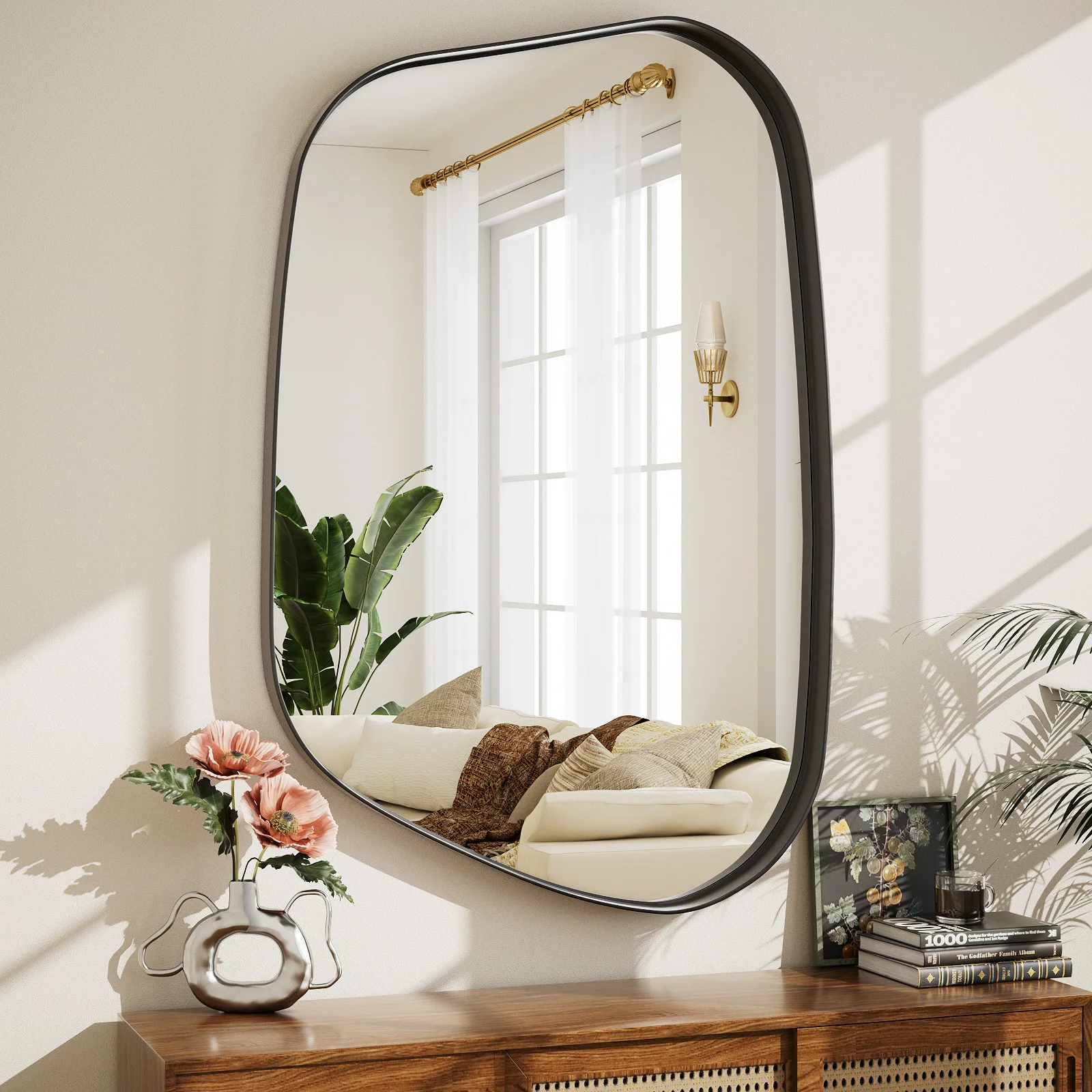 

BEAUTYPEAK Irregular Bathroom Mirror Asymmetrical Mirror Wall Mounted Deep Frame,White