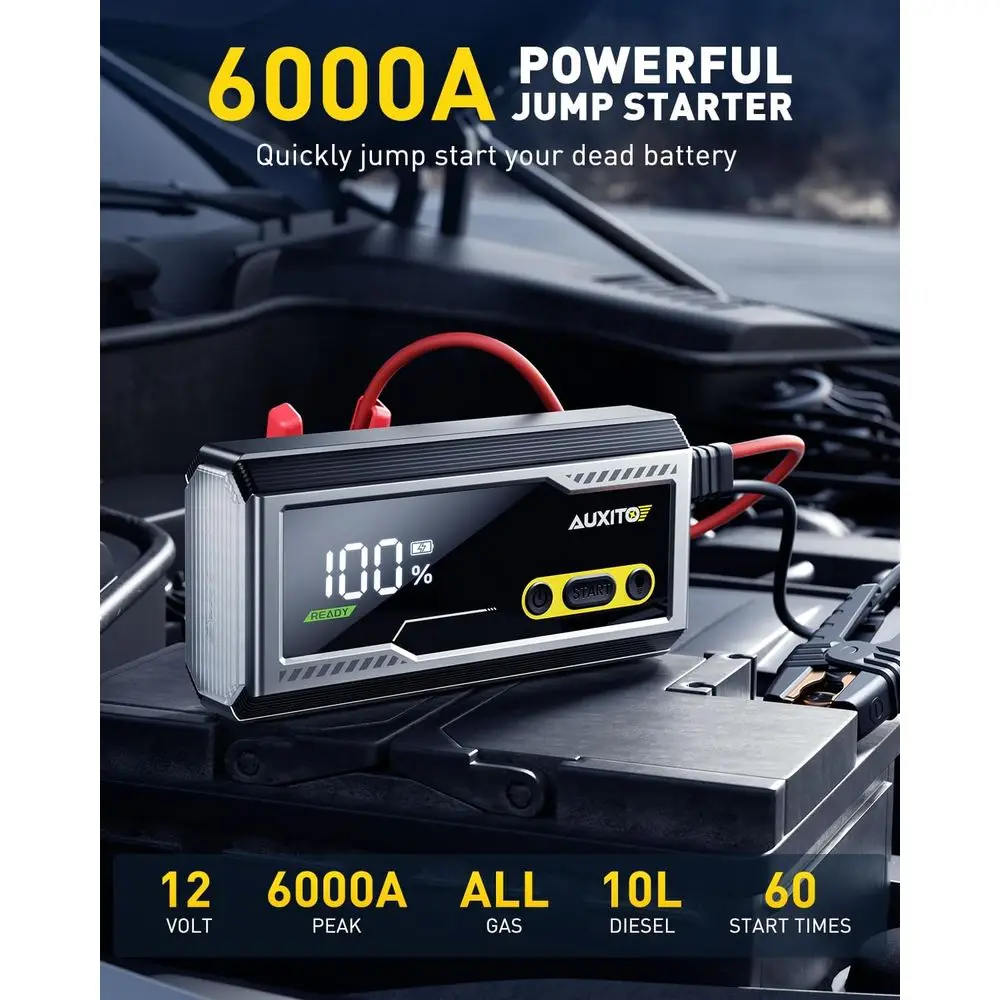 6000A Jump Starter, 12V Car Battery Jump Starter, Up to All Gas & 12L Diesel Engine with LED Display, Portable Jump Box with 3 M