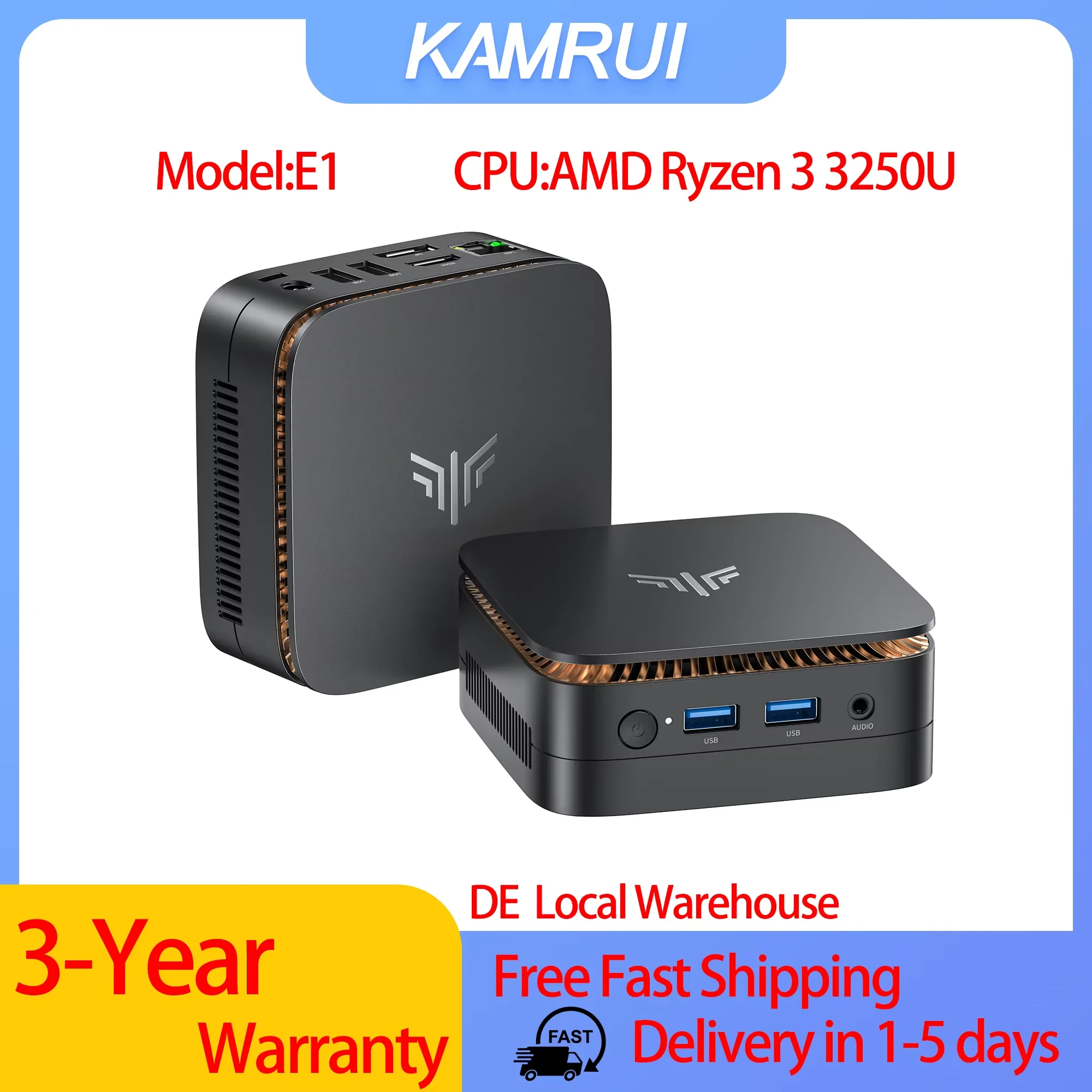KAMRUI E1 AMD Ryzen 3250U CPU Mini-PC 8GB RAM 256GB ROM Kompatibel mit USB3.2 Win11Pro Desktop Tragbarer WiFi5 Dual 4K Ausgang
