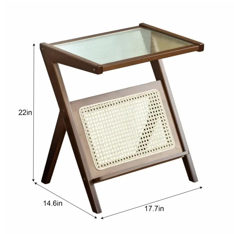 Glass Top Rattan Side Table with Storage Bohemian Accent Table for Small Spaces Living Room Bedroom Decor
