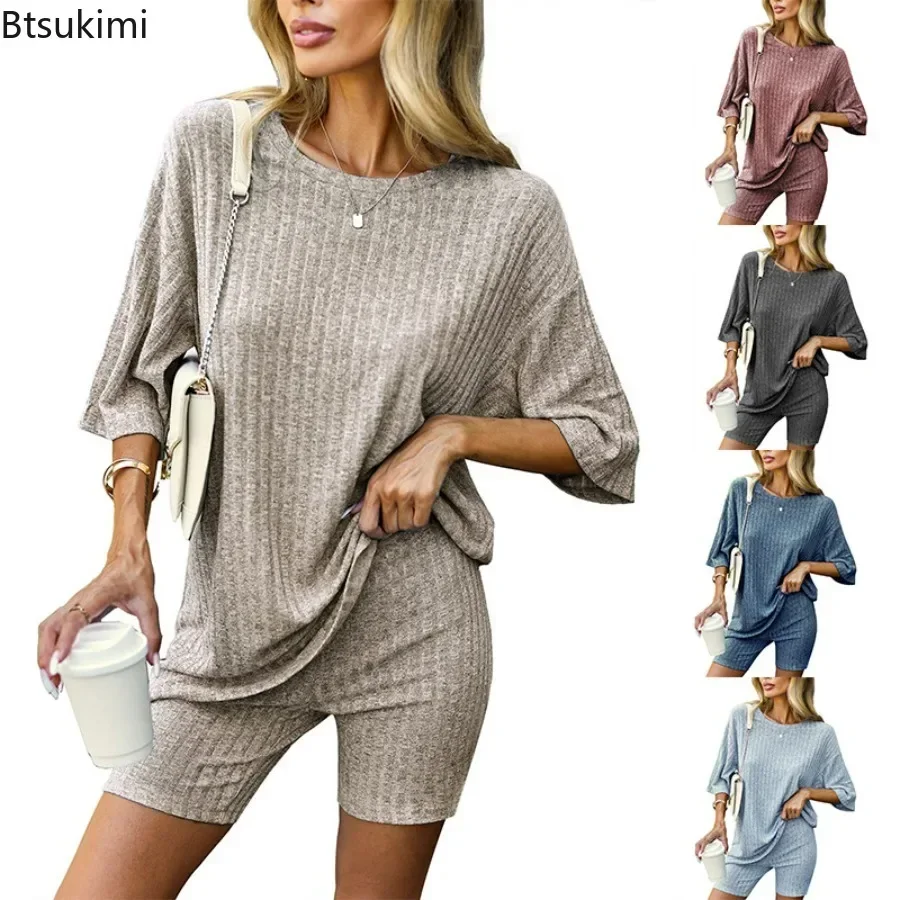 Ensemble de pyjama à manches courtes pour femmes, vêtements de nuit décontractés pour femmes, olympiques de maison monochromes, ensembles de pyjamas confortables pour filles, été, nouveau, 2024