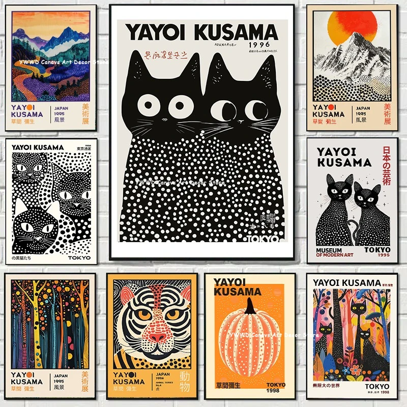Yayoi Kusama Black Cat & Tiger Animal Canvas Print Mid-century Japan Mount Fuji Sunrise Wall Art Poster for Modern Home Decor