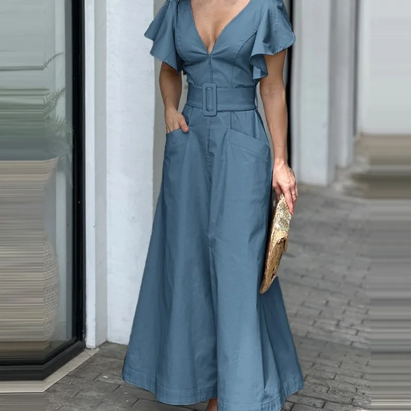 

Commuting Waist Cinching Dress 2025 European and American New V-neck Dress Solid Color Lotus Leaf Sleeve Temperament Long Skirt