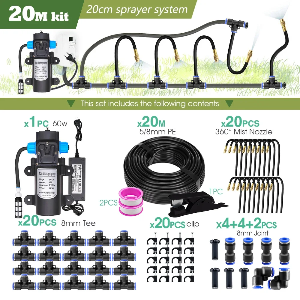 Garten-Sprühset mit 5/8mm PE-Schlauch, 60W Selbstansaugender Pumpe, 20cm Universal-Messingdüse, Bewässerungssystem für Pavillon und Pflanzen