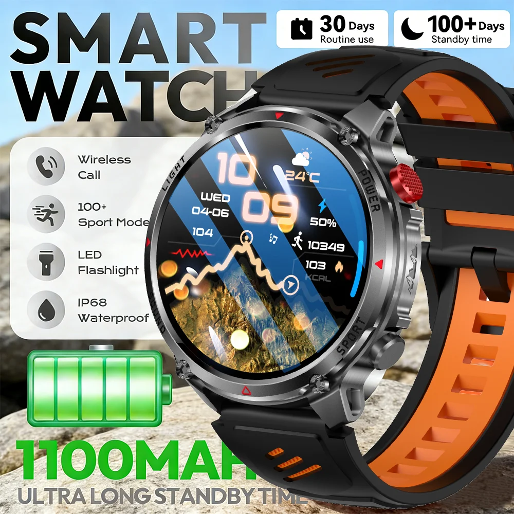 

Новые умные часы с аккумулятором 1100 мАч, фитнес-трекер, светодиодный фонарик, 100+ видов спорта, водонепроницаемость 5ATM, беспроводные звонки, военные смарт-часы