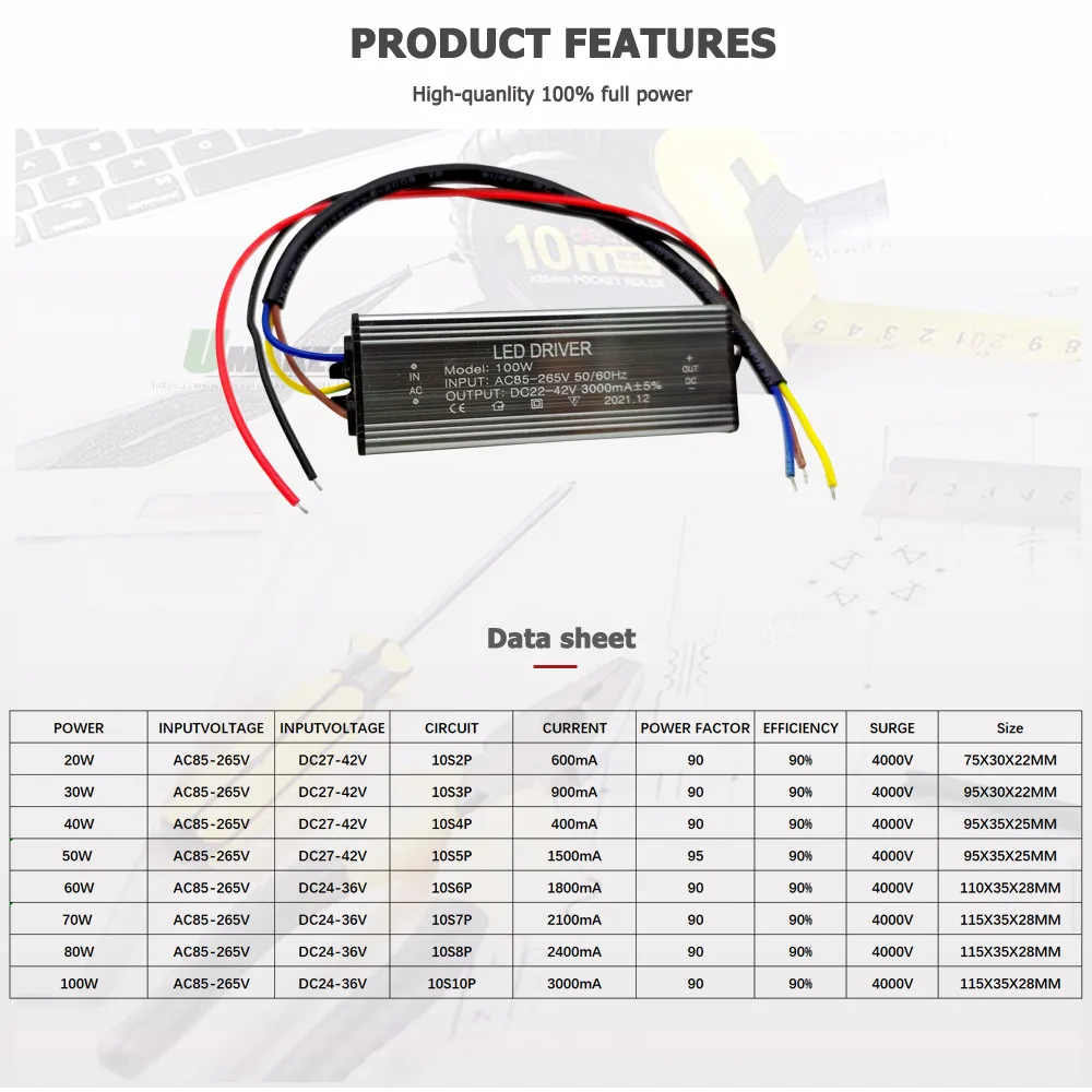 Waterproof IP65 LED Driver 20W 30W 50W 60W 80W 100W AC85-265V Power Supply Lighting Transformers For Outdoor Lamp Floodlight DIY