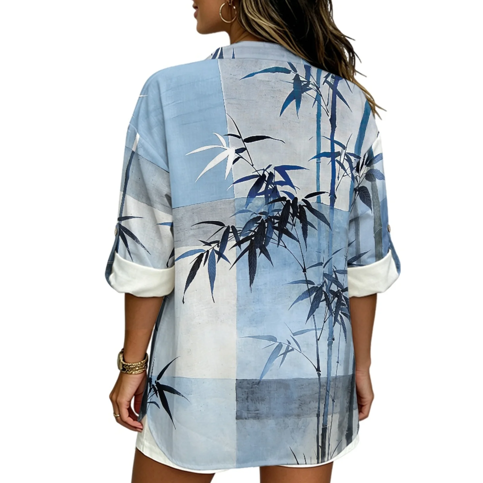 PENSTROLL Blue Bamboo Print Linen Like Notch V Neck Blouses Loose Ladies Tops and Blouses for Women Sizes S-5XL