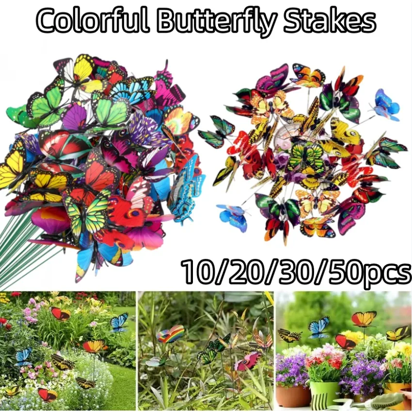10/20/30/50pcs 3D Colorful Butterfly Stakes Simulation Butterfly Decor Multi-purpose Outdoor Home Party Garden Patio Decoration
