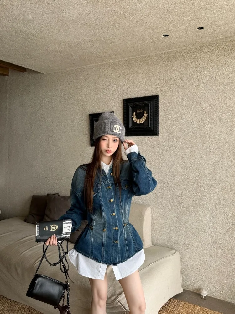 

Длинная джинсовая одежда в стиле ретро Sve irt, облегающая верхняя одежда с завязкой на талии, женский осенний элитный элегантный открытый кардиган, топ