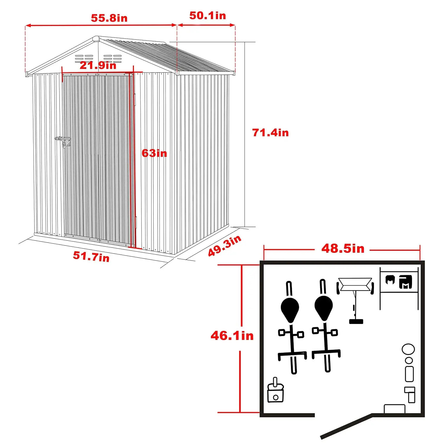 4x4 FT Outdoor Storage Shed, Galvanized Metal Tool Shed with Sloped Roof, Lockable Door & Vents for Backyard, Grey, Customized