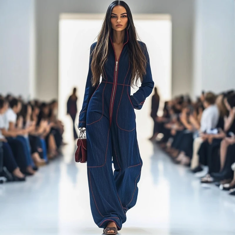 2025 Autumn and Winter Slim Fit V-neck Casual Plus Size Solid Color Splicing Red Line Design Sense One-piece Jeans for Women